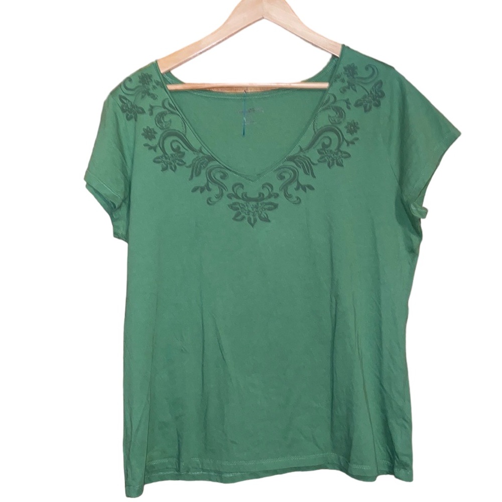 •EDDIE BAUER•ARMY GREEN FLORAL V NECK RAW EDGE NECKLINE AHORT SLEEVE TOP SIZE XL